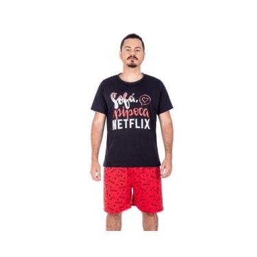 Imagem de Pijama adulto masculino curto básico liso estampado netflix ancora sup