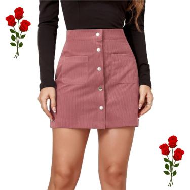 Imagem de Saia De Veludo Cotelê Feminina Cor Sólida Cintura Alta Abotoada A Linha Vintage Elegante Slim Fit Veludo Cotelê Mini Saia Curta Com Bolsos, Pink, M