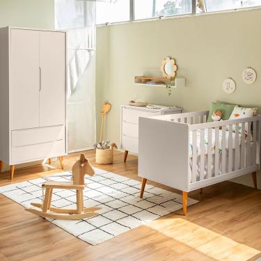 Imagem de Kit Quarto Infantil Theo Retrô Areia – Cômoda 3 Gavetas + Guarda-Roupa 2 Portas + Berço