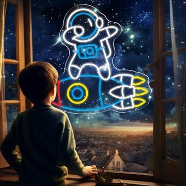 Imagem de Astronautas e foguetes luz de néon LED acessório presentes para decoração de quarto de menino sinal para loja bar pub homem caverna hip hop festa decoração de parede 53,5 x 56,32 polegadas..