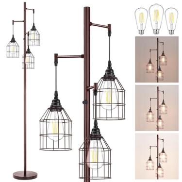Imagem de Sucolite Luminária de chão regulável de 178 cm para sala de estar, luminária industrial de 3 luzes marrom com gaiolas, lâmpada de pé alta rústica para casa de fazenda, iluminação de chão para quarto
