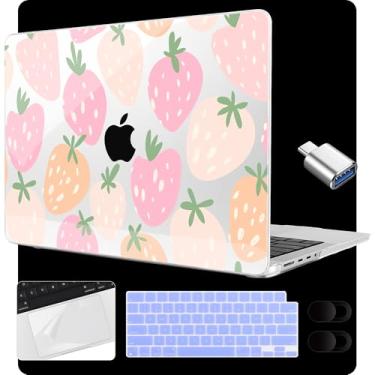 Imagem de MEEgoodo Capa para MacBook Pro M4 de 16 polegadas 2024 2023 2021 (A3403/A3186/A2991/A2780/A2485) M3 M2 M1 Pro/Max Chip, capa dura para laptop com capa de teclado e filme de trackpad, morangos