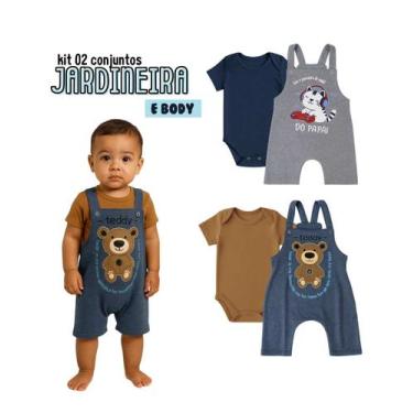 Imagem de Kit 2 Jardineira Bebê Curta Algodão Menino Menina body gola envelope b