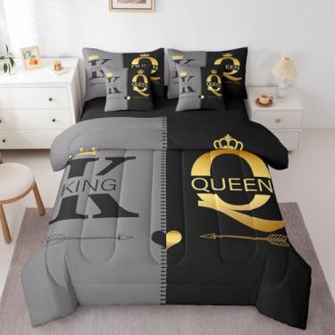 Imagem de Erosebridal Jogo de cama queen e king e queen com coroa de 7 peças, preto e cinza, para adultos, homens e mulheres, cama de casal em uma bolsa, presente de dia dos namorados com edredom