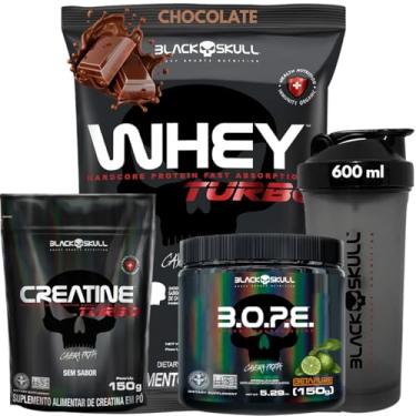 Imagem de Whey Protein Concentrado + Creatina Monohidratada 150g + Pré-Treino B.O.P.E 150g + Coqueteleira 600ml - Kit Black Skull Para Ganho de Massa e Força (Whey Chocolate + Bope Limão)