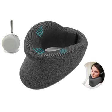 Imagem de Almofada de viagem para soneca para aviões – Design ergonômico de espuma viscoelástica densa com suporte de queixo para evitar que a cabeça caia, inclui caixa de armazenamento e capa lavável na