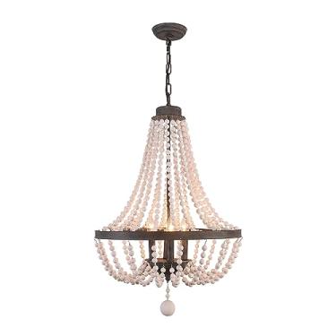 Imagem de Luminária pendente de 4 luzes Luminária suspensa de fazenda Lustre de contas de madeira Acabamento ajustável em altura Iluminação pendente Boho (preto) luminária pendente luminária pendente