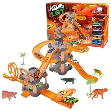 Imagem de Pista de Carrinhos Dinossauros, Estacionamento com 6 Carrinhos, Animais e Lançador, Brinquedo Infantil