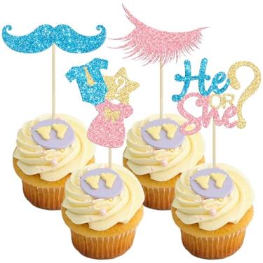 Imagem de Gyufise 24 peças de topos de cupcake reveladores de gênero, cílios e bigode, palitos de cupcake, palitos de ele ou ela, tema de revelação de gênero, chá de bebê, artigos de decoração de bolos infantis