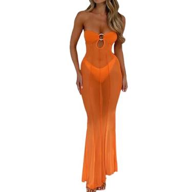 Imagem de LINNSUJH Vestidos sexy de malha transparente para mulheres, vestido maxi sem alças, tubo, festa noturna, Laranja - 3, P