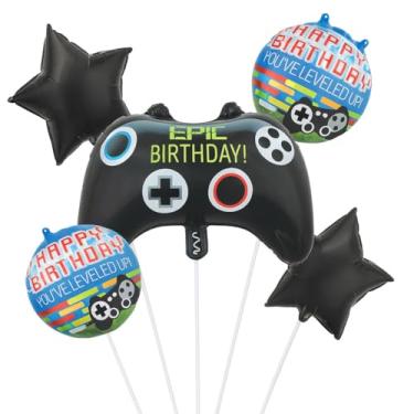 Imagem de Video Game Birthday Balloons Set – 5 Piece Mylar Foil Gamer Party Decorations with Controller, Star & Round Balloons – Inflate with Air or Helium – Epic Level Up Gaming Theme Supplies