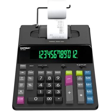 Imagem de CATIGA Calculadora de impressão térmica de 12 dígitos com impressão em fita, máquina de adição sem tinta, 5x mais rápida a 8,0 LPS, visor fluorescente extragrande, cálculo de impostos com relógio e