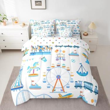 Imagem de Jogo de cama solteiro com estampa de parque de diversões, roda-gigante, 7 peças, para crianças, meninos, carrossel, cavalo, veículo, poliéster, cama em um saco, edredom para quarto de solteiro