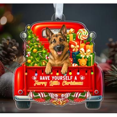 Imagem de Enfeite de acrílico de pastor alemão - Have Yourself A Furry Little Christmas - Caminhão vermelho de Natal - Decoração festiva de Natal - Pendurado em árvore de Natal