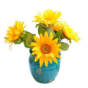 Imagem de Flor artificial em vaso girassol artificial buquê de flores artificiais sol flor conjunto de flores falsas para casa festa de casamento decoração festival planta artificial arranjo de flores (cor