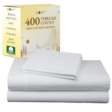 Imagem de California Design Den Jogo de lençol solteiro listrado - cetim macio de 400 fios, 100% algodão natural, conjunto de cama solteiro com bolsos profundos, roupa de cama refrescante e durável - branco