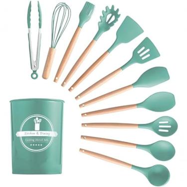 Imagem de Conjunto Kit 12 Peças Utensílios De Cozinha Em Silicone E Cabo De Madeira Antiaderentes...