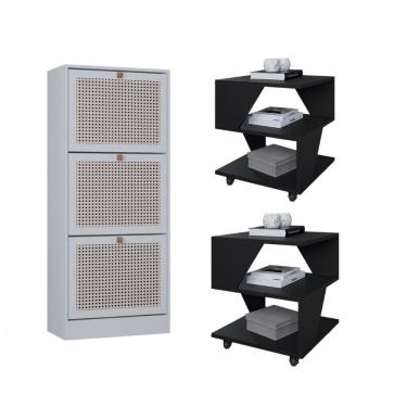 Imagem de Kit Sapateira Spin Tropical 3 Portas E 2 Mesas De Cabeceira Preto/branco