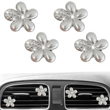 Imagem de 4 peças de clipes de ventilação de flores brilhantes fofos, purificadores de ar, difusor com pingente de decoração de interiores de strass, acessórios de decoração de diamante para mulheres e meninas