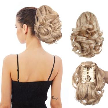 Imagem de HEWEICSY Extensão de rabo de cavalo, rabo de cavalo com clipe para mulheres, clipe de garra de 23 cm em extensão de cabelo de pônei ondulado curto encaracolado para mulheres - loiro