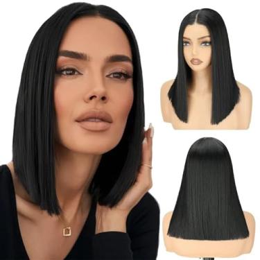 Imagem de NOSTLAGIA Perucas sem cola pré-arrancadas pré-cortadas para iniciantes, perucas de renda sintética frontal para mulheres, peruca preta para mulheres 35,5 cm curto Bob Lace Hairline Parte do meio para