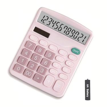 Imagem de NICOLEKAY Calculadora, visor LCD grande de 12 dígitos e botão sensível, calculadora de escritório de energia dupla de bateria solar, rosa