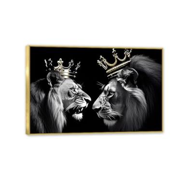Imagem de O Rei Leão e a Rainha com Coroa Arte de Parede Imagens de Animais Selvagens Africanos Leão Coroa Dourada Pôsteres Impressões Arte Preto e Branco para Sala de Estar Quarto Decoração de Parede 30 x 20