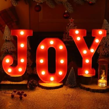 Imagem de Decorações de Natal, decoração de interiores, decoração de casa – 3 letreiros de LED iluminados com letras de alegria, decoração de mesa de Natal operada por bateria para manto, casa, bar, festa,