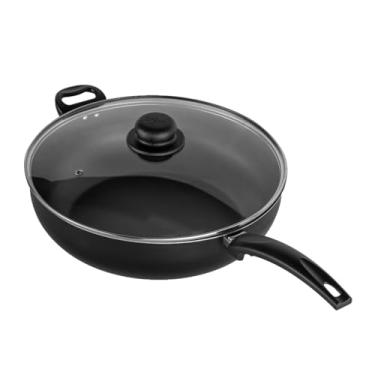 Imagem de Frigideira Antiaderente Com Tampa 32 cm Profissional Grande Wok frigideira com tampa para Fritar e Saltear, Compatível com Todos os Fogões Incluindo Indução(Preto)