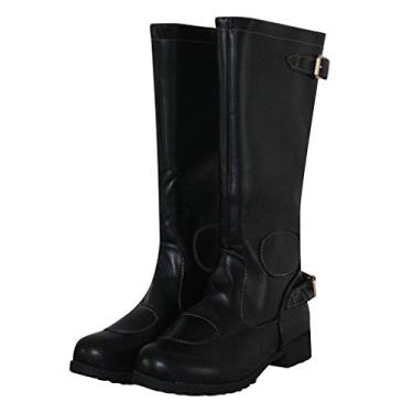 Imagem de Bigfanshu Botas femininas de couro sintético bota masculina cano alto fivela zíper sapatos caubói salto baixo cavaleiro cor sólida botas, Preto, 7.5