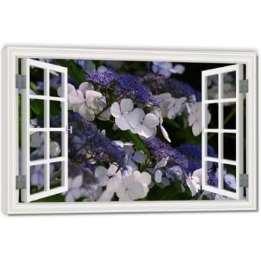 Imagem de Flores brancas e roxas tela falsa para janela que economiza espaço, arte de parede cênica realista para quarto, casa, 39,9 x 59,9 cm emoldurada