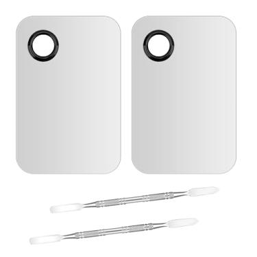 Imagem de Conjunto de espátula de mistura de maquiagem, 2 peças de mini paleta de maquiagem de metal e 2 espátulas de cuidados com a pele, paleta de base em creme para misturar e economizar cosméticos