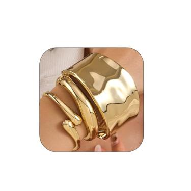 Imagem de Pulseiras grossas de ouro empilháveis empilháveis para mulheres, conjunto de pulseiras empilháveis largas banhadas a ouro 14 k na moda joias presentes, Medium, liga de zinco-ferro, Sem Pedra Preciosa