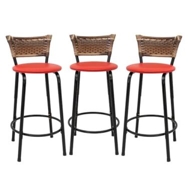Imagem de Kit com 3 Banquetas 60cm Estrutura Preta Encosto Cappuccino Ideal Para Balcão Ilha Bancada Área de Lazer Cozinha Gourmet Bar Lanchonete Piscina (Assento Vermelho)