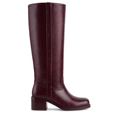 Imagem de Gothictor Botas femininas de cano alto banana bico quadrado salto grosso confortável salto baixo puxar na panturrilha larga botas longas para mulheres, Vermelho vinho, 35