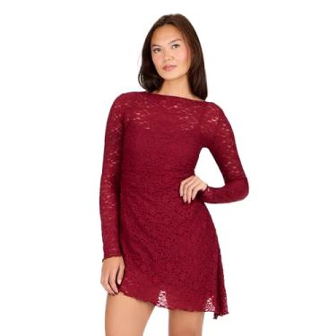 Imagem de Forever 21 Minivestido feminino de renda de manga comprida com sobreposição de renda, Borgonha, GG