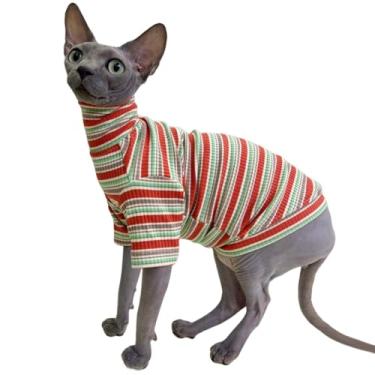 Imagem de Camisetas de algodão com gola de tartaruga vintage listras sphynx gato sem pelos roupas para animais de estimação colete camisas de gatinho sem mangas, roupas para gatos e cães pequenos (outono, P