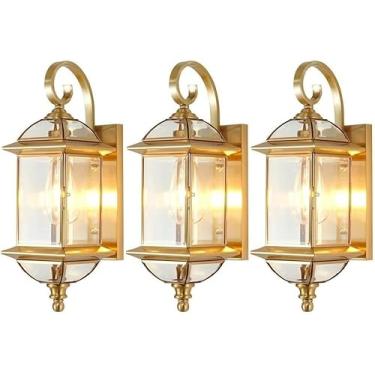 Imagem de Luminária De Teto Para Porta Da Frente, Luminária Externa De Latão De 18,5" Com Vidro Dourado à Prova D'água Para Varanda, Jardim E Pátio., 3-pack, 14 * 47cm