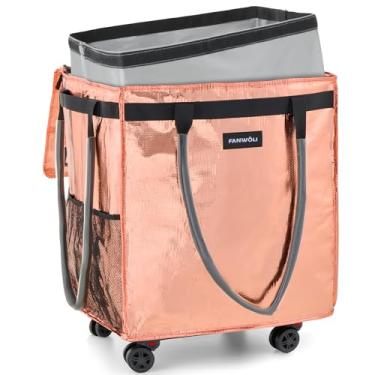 Imagem de Fanwoli Bolsa de compras reutilizável com forro removível | Tecido resistente a rugas | Rodas de estabilidade melhorada e alça estendida | Carrinho de compras dobrável para mantimentos e lavanderia