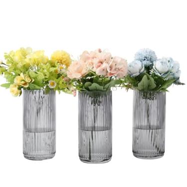 Imagem de YANWE1 Vasos de vidro preto, conjunto de 3 vasos de flores, vaso de vidro canelado para tulipas, vasos de vidro cilíndricos altos para sala de estar, quarto, mesa de jantar, escritório, casamento
