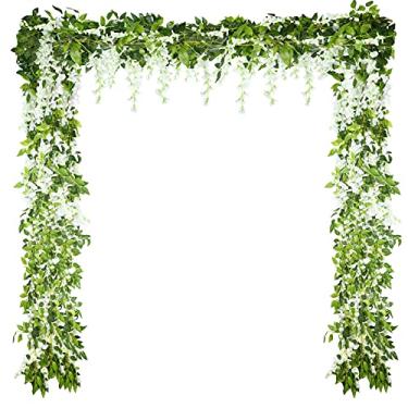 Imagem de Syhood 4 peças de 6 metros no total de videira artificial guirlanda de glicínia artificial casamento glicínia flor para pendurar arco de casamento casa jardim festa decoração ao ar livre (branca)