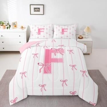 Imagem de jejeloiu Conjunto de edredom com laço rosa, solteiro, para crianças, meninos, meninas, letra F, edredom kawaii, coquete, decoração de quarto, monograma, microfibra, 2 peças com 1 fronha