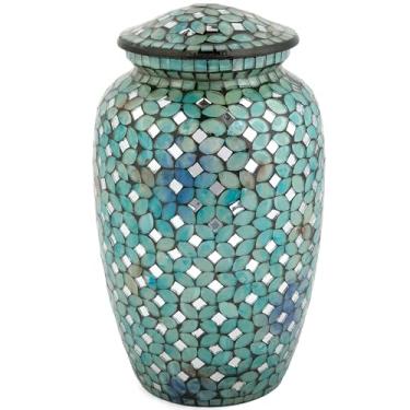Imagem de Urna de cremação de vidro de mosaico – Urna funeral feita à mão para cinzas humanas – Urna de enterramento grande tamanho adulto – Alumínio com aplicação manual de azulejos individuais para criar uma obra de arte única – 200 in (azul)