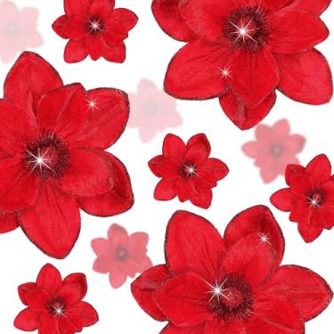 Imagem de Norme 15 peças de flores de magnólia de Natal de veludo em 3 tamanhos, flor artificial com glitter, enfeite de árvore de Natal com haste para decoração de casamento (vermelho)