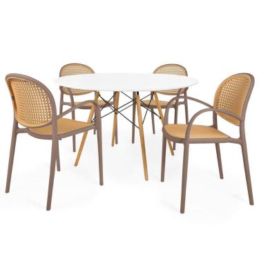 Imagem de Conjunto Mesa De Jantar Redonda Eiffel Branca 120cm Com 4 Cadeiras Roma Com Braço - Marrom Claro