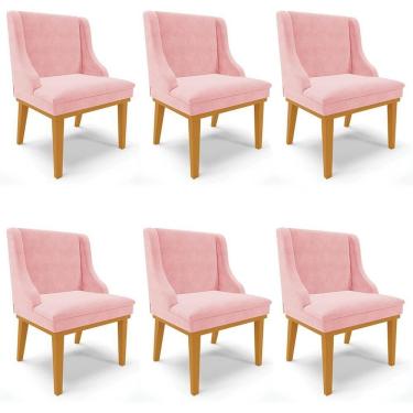 Imagem de Kit 6 Cadeiras Estofadas Para Sala De Jantar Base Fixa De Madeira Castanho Lia Suede Rosa Bebê - Ibiza