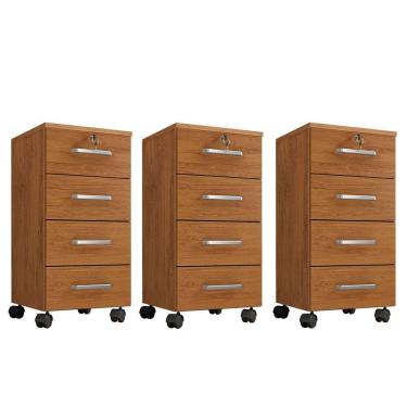 Imagem de Kit 3 Gaveteiros Para Escritório Com Chave E Rodízios 4 Gavetas Gávea Freijó
