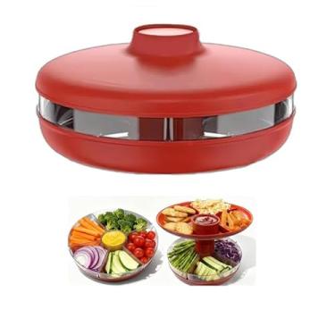 Imagem de Bandeja de servir dividida Lazy Susan de 28 cm com tampa – Bandeja giratória de 360° para lanches e aperitivos – Bandeja de 5 seções para frutas, vegetais, batatas fritas e taco – Prato de festa