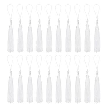 Imagem de Marcador de livro - 20 peças 13 cm/5" mini borla macia de seda com laços para chaveiro, graduação, feito à mão, acessório de artesanato, prata, branco