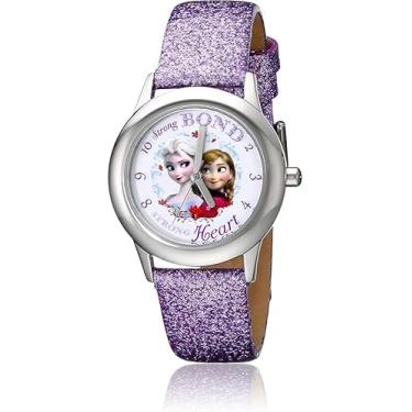 Imagem de Disney Relógio Frozen para meninas de 4 a 7 anos - Princesa com mostrador de personagem - Ótimo presente para crianças - Bisel prateado e pulseira de couro roxo brilhante - Compre e ganhe 1 relógio